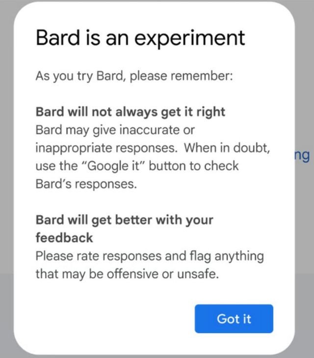 Screenshot reading 'Bard is an experiment'